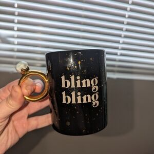 Bling Bling Black Ceramic Mug with Gold Wedding Ring Handle